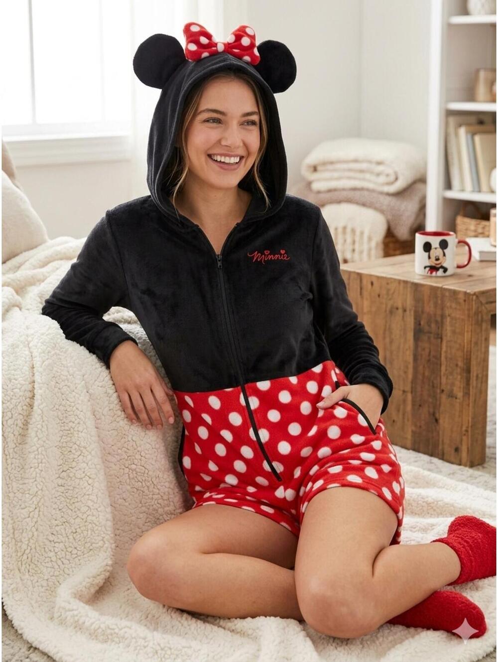 Disney Minnie Mouse Hooded Sleepwear Dress Black Red Polka Dot L/XLPajama Romper